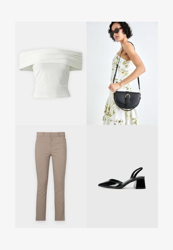 Off-shoulder vit topp med plisserad, strukturerad halsringning och åtsittande midja. Tillverkad av mjukt tyg med en slät yta.; Kollade beige byxor med smal passform, prydda med ett litet rutmönster, sidofickor och en platt frontdesign. Slät tygtextur.; Svarta lackläder slingback klackar med spetsig tå och geometrisk klack. Har en elegant, minimalistisk design och slät yta.; Svart läderhandväska med en böjd form, avtagbar rem och guldiga detaljer. Väskan har ett lock med en spänndetalj.
