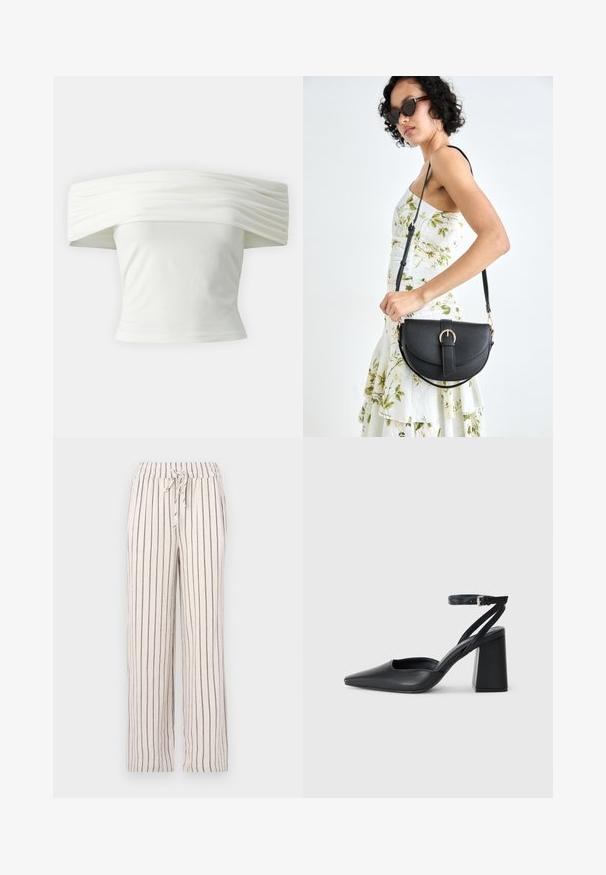 Váll alatt viselhető fehér blúz, redőzött, struktúrált dekoltázzsal és szabott, testhezálló fazonnal. Puha anyagból készült, sima textúrával.; Műlinen nadrág függőleges sötétkék csíkokkal, rugalmas derékpánttal és zsinór részlettel. Laza fazon, egyenes lábakkal és puha textúrával.; Fekete bőr, hegyes orrú magassarkú cipő boka pánttal és vastag sarokkal. Sima textúra, elegáns dizájn és minimális esztétika.; Fekete bőrtáska ívelt formával, levehető pánttal és arany színű fémrészekkel. A táskán egy csattal díszített fedél található.