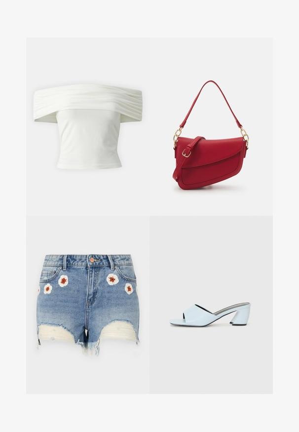 Balta blūze ar atvērtām plecu daļām un plēktām, strukturētām kakla izgriezumiem, kā arī pieguļošu modeli. Izgatavota no mīksta auduma ar gludu tekstūru.; Denim šorti ar saplēstu apakšmalu, gaiši zila krāsa, ar baltu un brūnu ziedu izšuvumu ap priekšpusi. Piecu kabatu dizains.; Gaiši zilas atvērtā purngala papēžu mūlas ar ģeometrisku dizainu, kas ietver platu siksnu pāri pēdai un masīvu, stūrainu papēdi.; Sarkans teksturēts ādas plecu soma ar garu siksnu un zelta piederumiem, ar izliekta vāka aizdari un strukturētu siluetu.