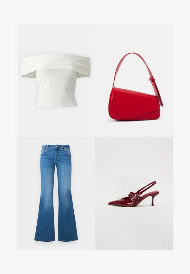 Off-the-shoulder white top with pleated, structured neckline and fitted bodice. Made from soft fabric with a smooth texture.; Flared blue denim jeans with a mid-rise waist, five pockets, and faded detailing on the thighs. Silver hardware accents on buttons.; Red patent leather slingback heels with a pointed toe, two buckle straps, and a slim, mid-height stiletto heel. Smooth texture.; Red leather handbag with an angular, geometric design. Features a single adjustable strap and a flap closure with stitched detailing.