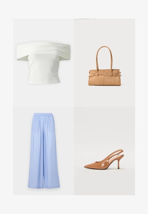 Bijela majica s nedovoljno ramena s nabranim, strukturiranim izrezom i uskim tijelom. Izrađena od mekanog materijala s glatkom teksturom.; Svijetloplave hlače širokih nogavica izrađene od teksturirane tkanine, s elastičnim pojasom i dva bočna džepa.; Sandal s petom u obliku šiljastog prsta od glatkog, sjajnog smeškastog materijala. Ima zakrivljeni izrez i vitku štiklu. Detalj s srebrnom kopčom.; Torbica od tan zamsha s dva dugačka ručka, pravokutnog oblika i dekorativnim šavovima. Ima bočni pojas i diskretne zlatne metalne akcenti.