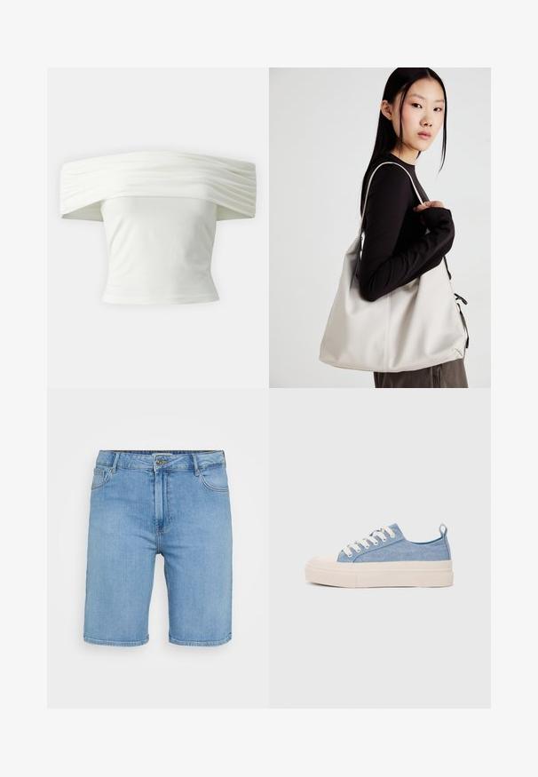 Balta blūze ar atvērtām plecu daļām un plēktām, strukturētām kakla izgriezumiem, kā arī pieguļošu modeli. Izgatavota no mīksta auduma ar gludu tekstūru.; Gaiši zili denima šorti ar klasisku griezumu, kas aprīkoti ar priekšējo pogu aizdari, jostu cilpām un divām sānu kabatām. Gluda tekstūra un taisns apakšmala.; Gaiši zili kanvas sneakeri ar krēmkrāsas gumijas pirksta aizsargu un ārējo zoli, aprīkoti ar baltām šņorēm un cilpu uz papēža.; Bežs rokassoma, izgatavota no mīksta materiāla, ar brīvu dizainu, izšūtu apdari un divām plecu siksnām. Piemērota ikdienas lietošanai.