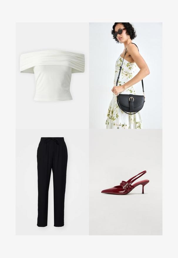 Bela majica s spuštenimi rameni, z nabranim in strukturiranim izrezom ter tesnim pasom. Narejena iz mehkega blaga z gladko teksturo.; Črne hlače s sproščenim krojem, elastičnim pasom in vrvico. Izdelane iz lahkega materiala, z ravnimi hlačnicami in brez žepov.; Rde lakirane sandalete na peto s ostrim nosom, dvema sponkami in tanko, srednje visokim peto središče. Gladka tekstura.; Črna usnjena torbica s ukrivljeno obliko, z odstranljivo naramnico in zlatimi dodatki. Torbica ima pokrov s podrobnostmi v obliki zaponke.