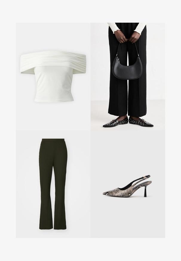 Off-the-shoulder white top with pleated, structured neckline and fitted bodice. Made from soft fabric with a smooth texture.; Dark green, flared pants with an elastic waistband. Made of textured fabric, they feature a loose fit and full-length design.; Pointed-toe slingback shoes made of textured snake print material, featuring a slender black heel and a cutout design on the sides.; Black leather shoulder bag with a rounded shape, glossy finish, and silver hardware. Person wearing black wide-leg pants and studded loafers.