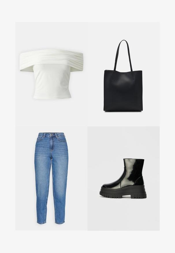 Top branco off-the-shoulder com decote plissado e estruturado e corpete ajustado. Feito de um tecido suave com uma textura lisa.; Jeans de ganga azuis com uma cintura alta, design de perna reta e um leve desbotamento. Estilo clássico de cinco bolsos com fecho por botão.; Bota de tornozelo preta e brilhante com sola grossa e arredondada, vista lateral sobre fundo cinza claro.; Bolsa tote preta em couro com textura lisa, forma retangular e duas alças longas. Sem hardware ou enfeites visíveis.