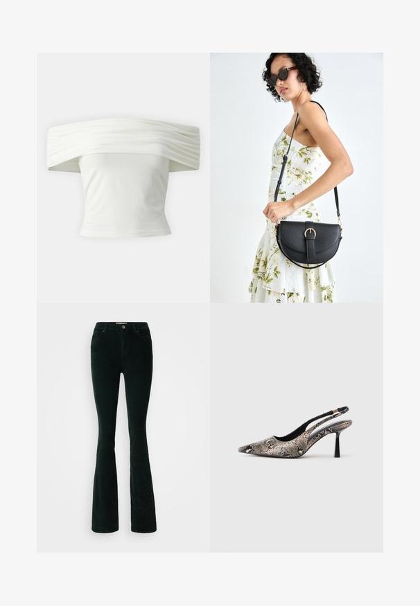 Top branco off-the-shoulder com decote plissado e estruturado e corpete ajustado. Feito de um tecido suave com uma textura lisa.; Calças de veludo cotelê com flare em verde escuro. Apresenta uma cintura alta, design de cinco bolsos, fecho frontal com botão e textura de rib vertical.; Sapatos slingback de bico fino feitos de material texturizado com padrão de cobra, apresentando um salto preto esguio e um design recortado nas laterais.; Bolsa de couro preta com forma curva, alça destacável e detalhes em dourado. A bolsa possui uma aba com detalhe de fivela.