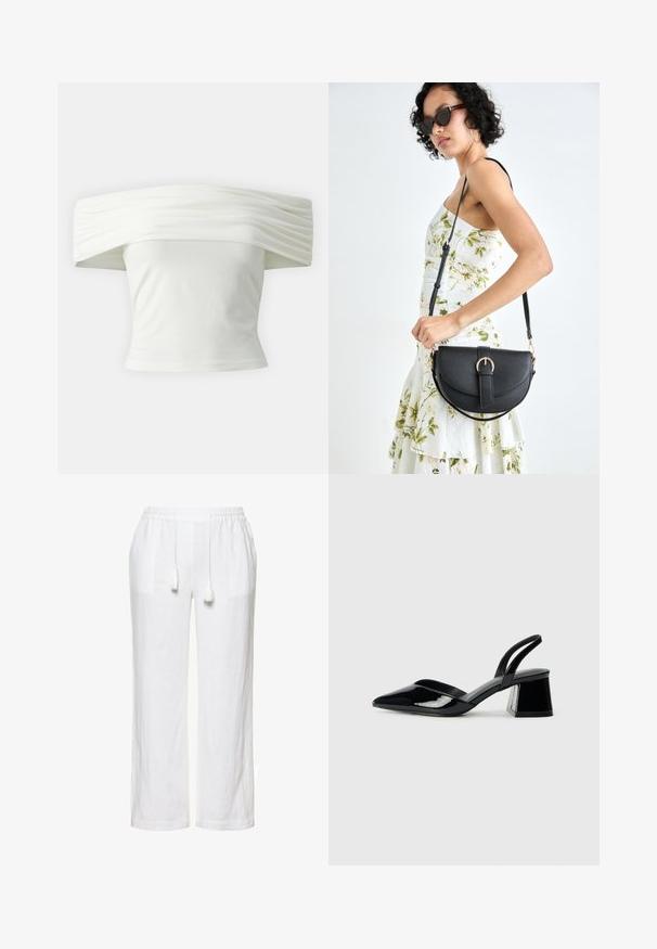 Valkoinen olkaimeton toppi, jossa on laskostettu, rakenteellinen kaula-aukko ja tiukka vartalo. Valmistettu pehmeästä kankaasta, jossa on sileä pinta.; Valkoiset pellavahousut, joissa on elastinen vyötärö ja nauha, kahdella sivutaskulla ja löysällä, suoranlahkeisella designilla.; Mustat patentoitu nahkakengät, joissa on säären takaosa ja terävä kärki, sekä geometrinen palikkakorko. Sisältää tyylikkään, minimalistisen muotoilun ja sileän pinnan.; Musta nahkainen käsilaukku, joka on kaareva muotoilultaan, irrotettavalla hihnalla ja kultaisilla yksityiskohdilla. Laukussa on läppä, jossa on solk yksityiskohta.