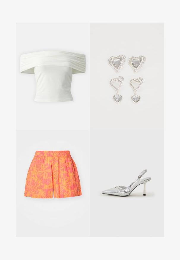 Váll alatt viselhető fehér blúz, redőzött, struktúrált dekoltázzsal és szabott, testhezálló fazonnal. Puha anyagból készült, sima textúrával.; Rózsaszín és narancssárga virágmintás sort, elasztikus derékkal és pliszézett kialakítással. Könnyű anyagból készült, kis oldalsó díszítéssel.; Ezüst slingback magas sarkú cipő hegyes orral, fémszerű felülettel, két dekoratív pánttal és vékony sarkú, fekete végű dizájnnal.; Ez az ezüst szív alakú fülbevaló sima, átlátszó kövekkel rendelkezik, texturált kerettel. A készlet stud és csepp stílust is tartalmaz.