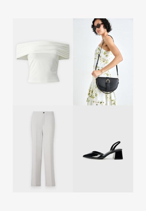 Off-the-shoulder white top with pleated, structured neckline and fitted bodice. Made from soft fabric with a smooth texture.; Light grey straight-leg trousers made of smooth fabric, featuring a front button closure, side pockets, and a tailored fit.; Black patent leather slingback heels with a pointed toe and a geometric block heel. Features a sleek, minimal design and smooth texture.; Black leather handbag with a curved shape, detachable strap, and gold hardware. The bag features a flap with a buckle detail.
