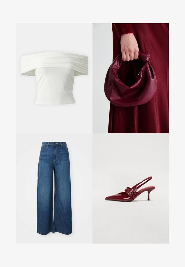 Top branco off-the-shoulder com decote plissado e estruturado e corpete ajustado. Feito de um tecido suave com uma textura lisa.; Jeans de denim azul de cintura alta e perna larga com bolsos frontais, passantes para cinto, fecho de botão e costura visível sobre um fundo branco.; Sapatos de salto slingback em verniz vermelho, com bico fino, duas tiras com fivela e um salto stiletto fino de altura média. Textura suave.; Bolsa de couro bordô com um design suave e franzido, e uma forma arredondada. A alça é fixa, apresentando uma textura suave.