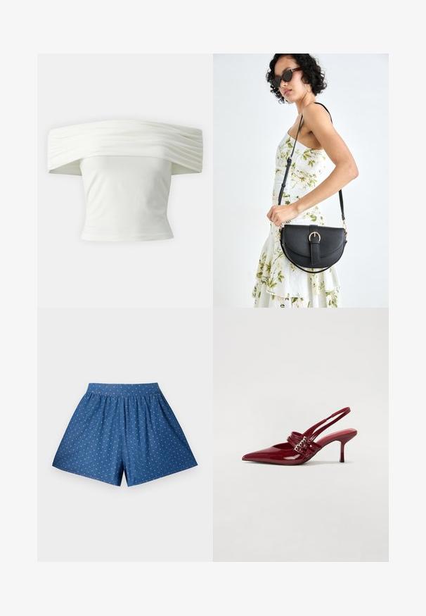 Balnko petnešos viršus su klostėta, struktūrine iškirpte ir prigludusia liemene. Pagamintas iš minkštos medžiagos su lygiu paviršiumi.; Mėlyni džinsiniai šortai su elastinga juosmens juosta ir baltais taškeliais. Savybės: laisvas pjūvis ir iki kelių siekiantis ilgis. Lygus paviršius.; Raudoni blizgūs odiniai bateliai su atviru kulnu, smailiu nosiu, dviem užsegimais ir plonu, vidutinio aukščio stiletto kulnu. Lygus paviršius.; Juodas odinis krepšys su išlenkta forma, nuimamu dirželiu ir auksiniais detalėmis. Krepšys turi kilpą su sagtimi.