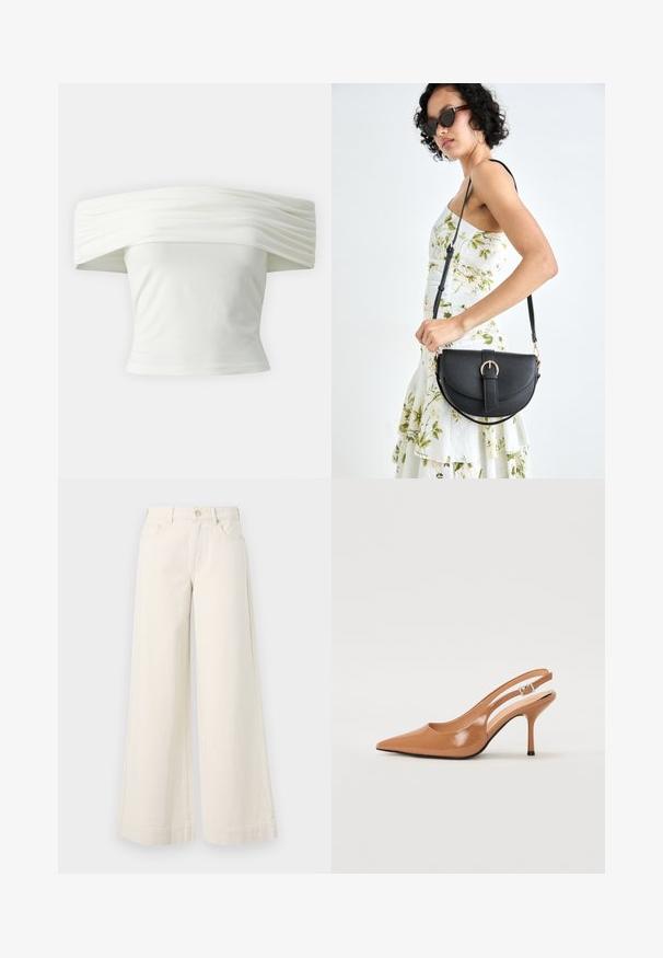 Balta blūze ar atvērtām plecu daļām un plēktām, strukturētām kakla izgriezumiem, kā arī pieguļošu modeli. Izgatavota no mīksta auduma ar gludu tekstūru.; Platas kājas, gaiši pelēkas džinsu bikses ar augstu jostasvietu, divām priekšējām kabatām, pogu aizdari un smalku šuvju apdari.; Izteikts pirksta siksnas zābaks, izgatavots no gludas, spīdīgas brūnas materiāla. Piedāvā izliekta izgriezuma dizainu un smalku stiletto papēdi. Sudraba sprādze.; Melnas ādas rokassoma ar izliekta formu, noņemamu siksnu un zelta aksesuāriem. Somai ir vāciņš ar sprādzes detaļu.