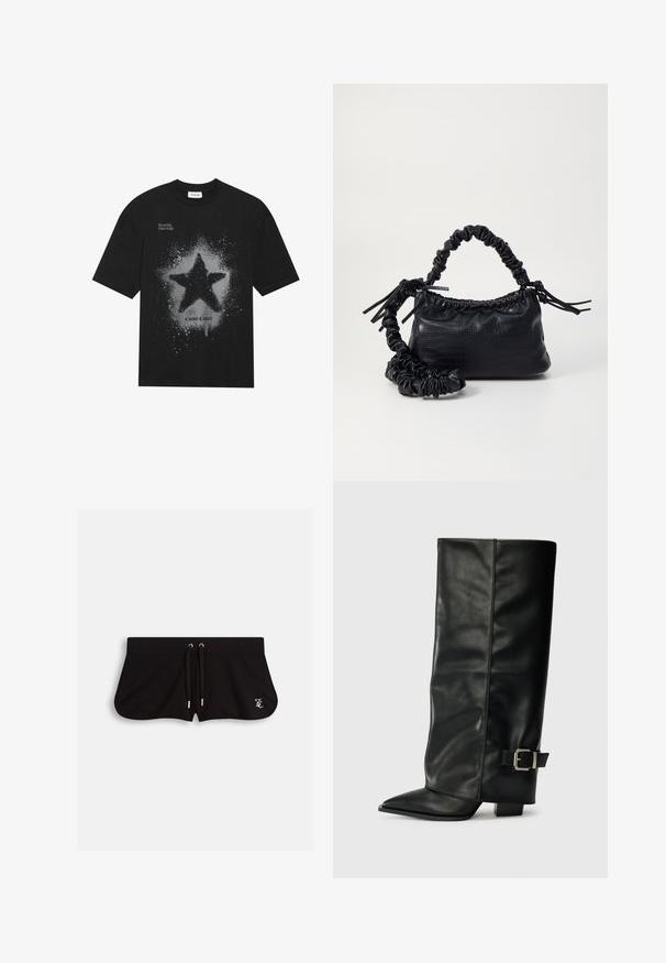 Fekete pamut póló, amelyen egy nagy szürke csillag grafika látható, amely fröccsenés effektussal készült. A szöveg felül a "Dream Big Shine Bright", alul pedig a "Cosmic Couture" felirat található.; Fekete csipke kardigán hosszú ujjú, virágmintákkal, fodros gallérral, nyitott elülső kialakítással és megkötős részlettel a nyaknál.; Fekete, puha szövetből készült szalaggal ellátott rövidnadrág, oldalhasítékokkal és egy kis hímzett logóval az elülső részen.; Fekete bőr bokáig érő csizmák hegyes orral, sima felülettel és ezüst csattal az oldalon. Tömbös négyzet alakú sarok.; Fekete műbőr kézi táska krokodil bőr textúrával, összehúzható tetejű és gyűrt pánttal. Lágy és kompakt dizájnúnak tűnik.