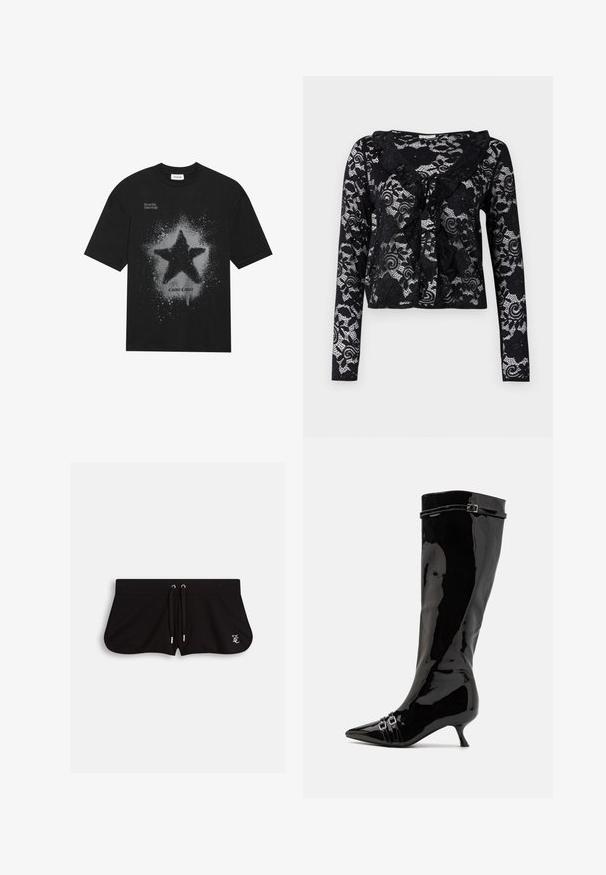 Čierne bavlnené tričko s veľkým šedým hviezdnym grafickým prvkom so špliechajúcim efektom. Nad textom je nápis "Dream Big Shine Bright" a pod ním "Cosmic Couture".; Čierny čipkový kardigán s dlhými rukávmi, kvetinovými vzormi, volánikovým golierom, otvoreným predným dizajnom a viazaním na krku.; Čierne šortky vyrobené z mäkkého materiálu, s predným stiahnutím v páse, bočnými rozparky a malým vyšitým logom vpredu.; Čierne lakované čižmy po kolená s špicatou špičkou, malým podpätkom a dvojitými prackami pri členku. Hladký, lesklý povrch.