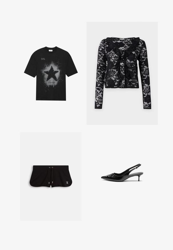Črna bombažna majica s poudarjeno sivo zvezdo z močnim razlitjem. Napis "Sanjaraj veliko, zasijaj svetlo" nad in "Kozmična moda" spodaj.; Črna čipkasta kardigan z dolgimi rokavi, cvetličnimi vzorci, nabranim ovratnikom, odprtim sprednjim oblikovanjem in vezavo na vratu.; Črne kratke hlače iz mehkega materiala, z nastavljivim pasom, stranskimi razporki in majhnim vezenim logotipom spredaj.; Črne usnjene sandalke s trakcem za peto, z ostrim sprednjim delom, nizkim petkom in naborkom na zgornjem delu. Gladek tekstura in minimalističen dizajn.