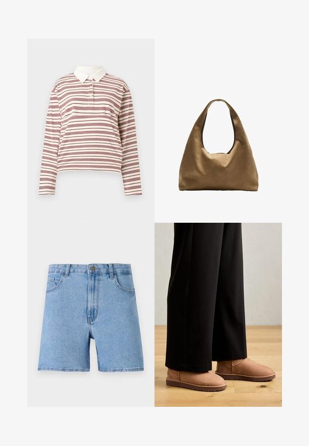 Polo majica s dolgimi rokavi v smetanasti barvi z tankimi maroon črtami, s klasičnim ovratnikom in tri gumbi na zapenjanju, izdelana iz mehkega materiala.; Svijetloplave traper šortse s visokim strukom, pet džepova i jednim metalnim dugmetom za zatvaranje sprijeda. Glatka tekstura, ravni kroj.; Rjave nubuk škornje do gležnjev z ravnim gumijastim podplatovom, zaobljenim nosom in minimalnim šivanjem, oblečene z črnimi širokimi hlačami na leseni tlaki.; Brahna torba preko rame iz rjave tkanine s širokim, zaobljenim tijelom i velikim izrezanim ručkom. Meka tekstura, minimalistički dizajn i bez vidljivih metalnih dijelova.