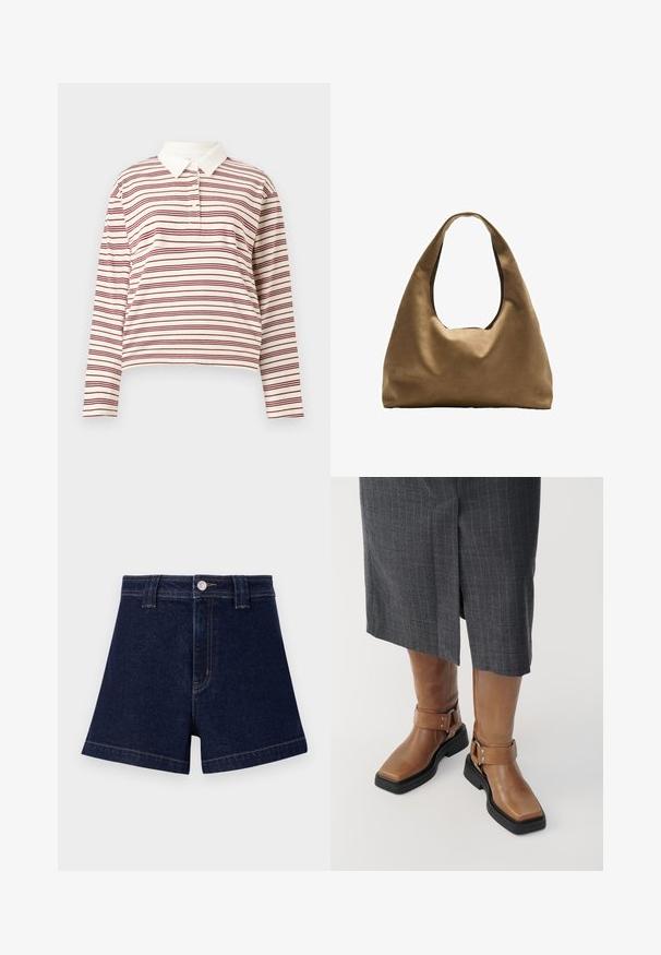 Pitkähihaista polo-paitaa vaaleassa kermassa, jossa on ohuita tummanpunaisia raitoja. Paidassa on klassinen kaulus ja kolmonen napitus, ja se on valmistettu pehmeästä kankaasta.; Tummansiniset farkkushortsit, joissa on klassinen leikkaus, viisi taskua, kontrastiväriset keltaiset ompeleet ja metallinen nappisulku.; Ruske nahkasaappaat polven korkeudelle suoralla varvalla, mustalla kumipohjalla ja säädettävällä soljella. Yhdistetty harmaaseen raitahameeseen.; Ruskea kangaskassi, jossa on leveä, pyöristetty muoto ja suuri leikattu kahva. Pehmeä pinta, minimalistinen muotoilu ja ei näkyvää metalliosaa.