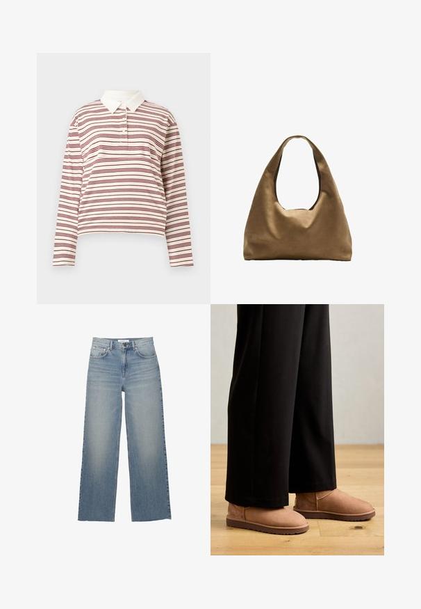 Pitkähihaista polo-paitaa vaaleassa kermassa, jossa on ohuita tummanpunaisia raitoja. Paidassa on klassinen kaulus ja kolmonen napitus, ja se on valmistettu pehmeästä kankaasta.; Vaaleansiniset leveälahkeiset farkut, joissa on korkeavyötärö, etutaskut ja nappikiinnitys. Suora pinta, jossa on haalistuneita kohtia.; Ruske mokasine sa ravnim gumennim đonom, zaobljenim vrhom i minimalnim šavovima, uparene s crnim hlačama širokih nogavica na drvenom podu.; Ruskea kangaskassi, jossa on leveä, pyöristetty muoto ja suuri leikattu kahva. Pehmeä pinta, minimalistinen muotoilu ja ei näkyvää metalliosaa.