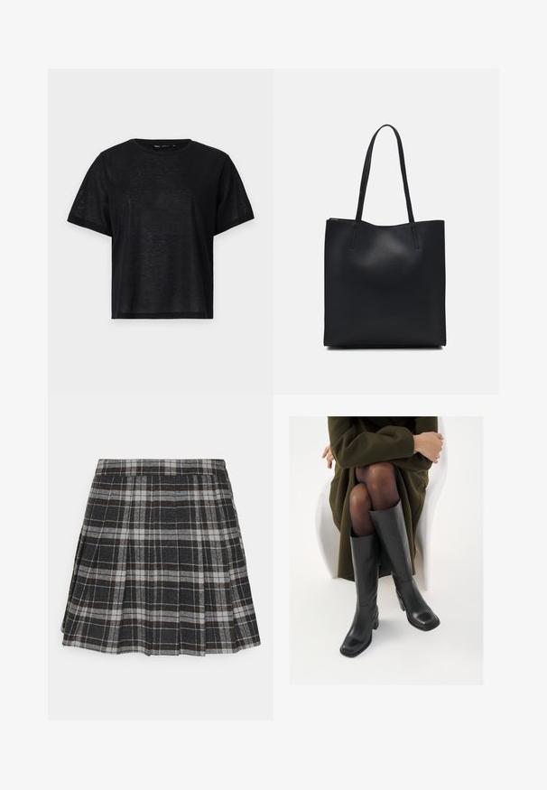 Zwart t-shirt met korte mouwen en een relaxte pasvorm, voorzien van een gladde textuur en een ronde hals. Lichtgewicht stof met een subtiele glans.; ONLY ONLCHELSEA CHECK SKIRT - Plooirok - black/white; Knieschijf hoge zwarte leren laarzen met een vierkante neus en blokhak, getoond met een model dat zit in een olijfgroene jas. Gladde textuur, minimale details.; Zwarte leren handtas met een gladde textuur, rechthoekige vorm en twee lange handvaten. Geen zichtbare hardware of versieringen.