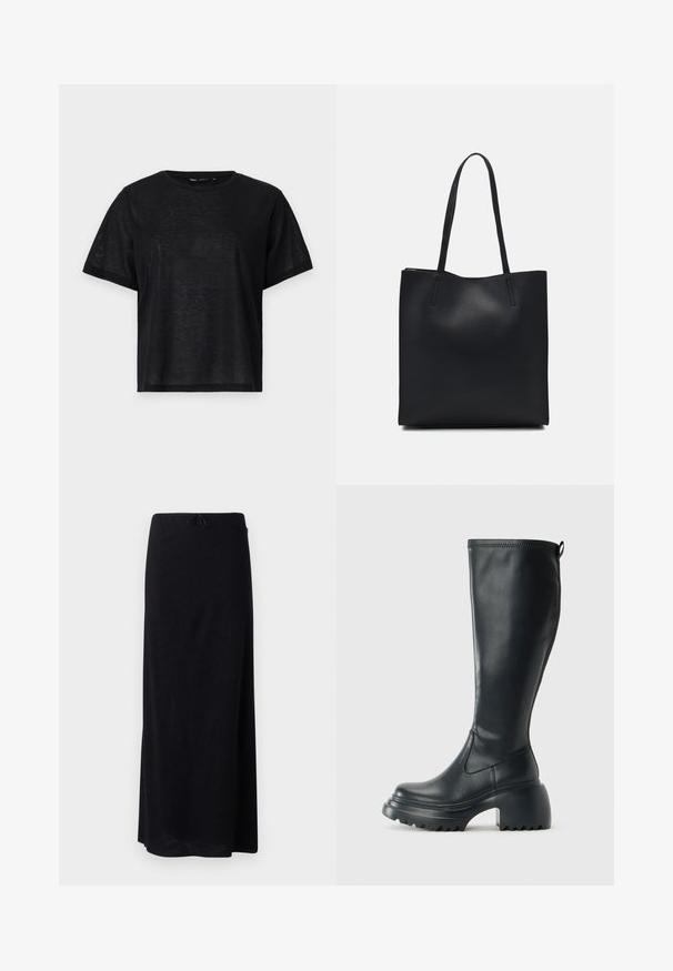 T-shirt preto de manga curta com um corte descontraído, apresentando uma textura suave e um decote redondo. Tecido leve com um brilho subtil.; Saia maxi preta em um tecido liso e leve. Apresenta uma cintura elástica com cordão. Corte simples e reto com a bainha.; Bota preta de couro alta com sola de plataforma robusta e salto bloco, apresentando puxador e padrão texturizado na sola.; Bolsa tote preta em couro com textura lisa, forma retangular e duas alças longas. Sem hardware ou enfeites visíveis.