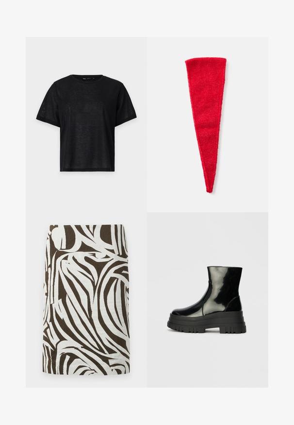 T-shirt preto de manga curta com um corte descontraído, apresentando uma textura suave e um decote redondo. Tecido leve com um brilho subtil.; Saia lápis castanha e branca com padrão abstrato semelhante a zebra, comprimento até ao joelho e corte reto.; Bota de tornozelo preta e brilhante com sola grossa e arredondada, vista lateral sobre fundo cinza claro.; Acessório têxtil triangular vermelho com uma textura suave e malhada. Vai afinando de um topo mais largo até uma base pontiaguda, adequado para vários estilos.; Even&Odd Mala de mão - black