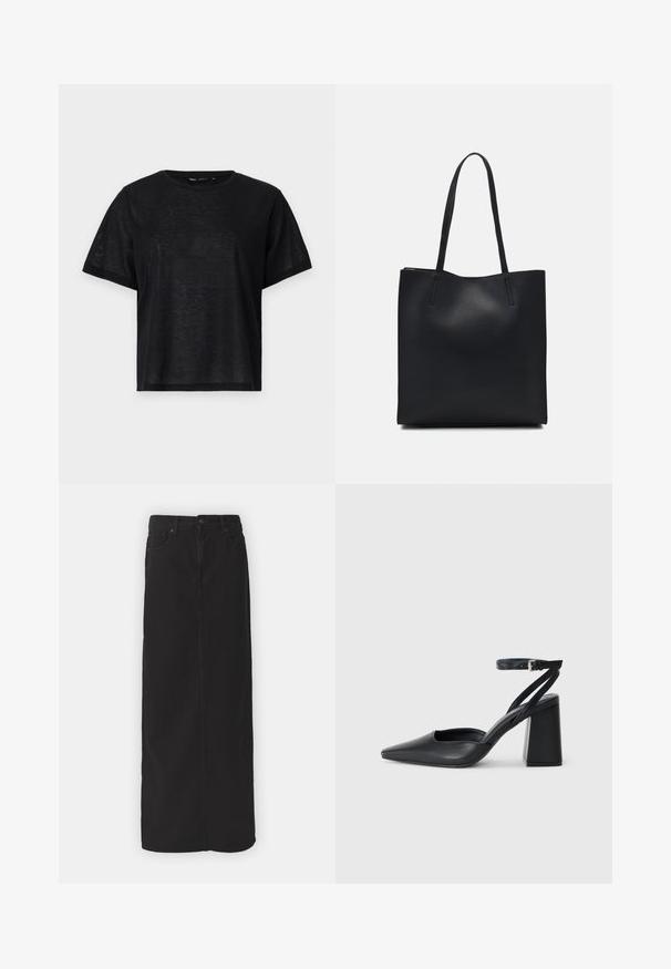 T-shirt preto de manga curta com um corte descontraído, apresentando uma textura suave e um decote redondo. Tecido leve com um brilho subtil.; Saia maxi de denim preto com corte reto, bolsos frontais, passantes para cinto e fecho com um único botão na cintura. Textura do tecido suave.; Sandal com biqueira afilada em couro preto, com cinta no tornozelo e salto grosso. Textura lisa, design elegante e estética minimalista.; Bolsa tote preta em couro com textura lisa, forma retangular e duas alças longas. Sem hardware ou enfeites visíveis.