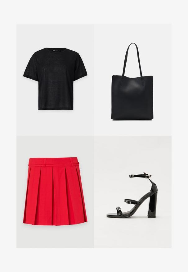 Black short-sleeve t-shirt with a relaxed fit, featuring a smooth texture and a crew neckline. Lightweight fabric with a subtle sheen.; Red pleated skirt made from fabric with a smooth texture. Features a waistband with belt loops and structured pleats for added volume.; Black patent heeled sandals with a square toe, ankle straps, and silver buckles. Features a chunky block heel for stability.; Black leather tote bag with smooth texture, rectangular shape, and two long handles. No visible hardware or embellishments.