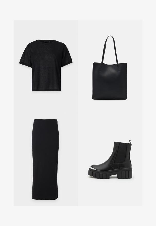 Fekete, rövid ujjú póló laza szabással, sima textúrával és kerek nyakkivágással. Könnyű anyag, finom fénylő hatással.; Fekete, bordázott, térdhez érő, testhez simuló szoknya rugalmas derékkal; sima textúra és egyszerű, díszítések nélküli dizájn.; Fekete boka csizmák sima bőrből, elasztikus panelek, vastag platform talp és fém orrrész jellemzi őket.; Fekete bőrtáska sima felszínnel, téglalap alakú, két hosszú füllel. Nincs látható fémkiegészítő vagy díszítés.