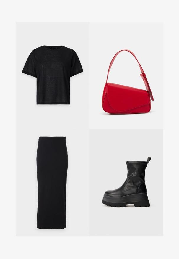 Fekete, rövid ujjú póló laza szabással, sima textúrával és kerek nyakkivágással. Könnyű anyag, finom fénylő hatással.; Fekete, bordázott, térdhez érő, testhez simuló szoknya rugalmas derékkal; sima textúra és egyszerű, díszítések nélküli dizájn.; Fekete bőr bokacsizma tömör, texturált gumitalpával, elasztikus oldalpanellel és hátsó fogantyúval a könnyű felhúzás érdekében.; Piros bőr kézitáska szögletes, geometrikus kialakítással. Egy állítható pánttal és varrott részletekkel ellátott fedélzárral rendelkezik.