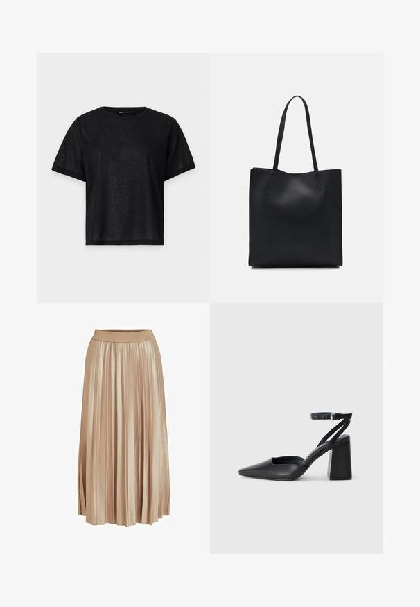 Black short-sleeve t-shirt with a relaxed fit, featuring a smooth texture and a crew neckline. Lightweight fabric with a subtle sheen.; Pleated midi skirt in light beige satin fabric. Features a wide, elastic waistband and elegant vertical folds across the entire length.; Black leather pointy-toe pump with an ankle strap and a chunky heel. Flat texture, sleek design, and minimalistic aesthetics.; Black leather tote bag with smooth texture, rectangular shape, and two long handles. No visible hardware or embellishments.