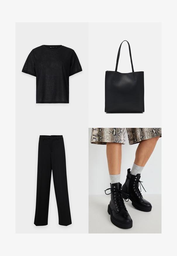 Black short-sleeve t-shirt with a relaxed fit, featuring a smooth texture and a crew neckline. Lightweight fabric with a subtle sheen.; Black wide-leg trousers made of smooth fabric, featuring a classic waistband with a button closure and front pleats.; Steve Madden GUSTO - Platform ankle boots - black; Black leather tote bag with smooth texture, rectangular shape, and two long handles. No visible hardware or embellishments.