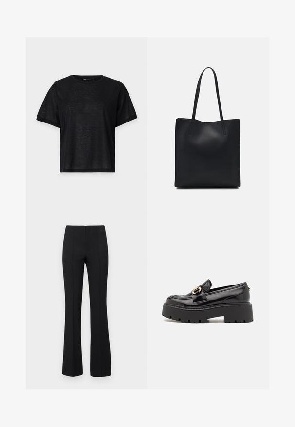 Black short-sleeve t-shirt with a relaxed fit, featuring a smooth texture and a crew neckline. Lightweight fabric with a subtle sheen.; Black flared trousers with a ribbed texture and fitted waist. The design features vertical seams for a streamlined look. No visible hardware.; Steve Madden OCCUPY - Slip-ons - black; Black leather tote bag with smooth texture, rectangular shape, and two long handles. No visible hardware or embellishments.