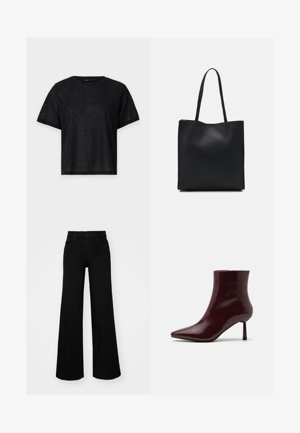 T-shirt noir à manches courtes avec une coupe décontractée, présentant une texture lisse et un col rond. Tissu léger avec un subtil éclat.; Pantalons large en denim noir, dotés d'une taille structurée, de passants de ceinture et de poches avant. Texture lisse avec un design classique.; Bottine en cuir verni bourgogne avec un bout pointu et un talon aiguille Slim, présentant une texture lisse et brillante et un design minimaliste.; Sac fourre-tout en cuir noir avec une texture lisse, de forme rectangulaire et deux longues poignées. Pas de matériel ou d'ornementations visibles.