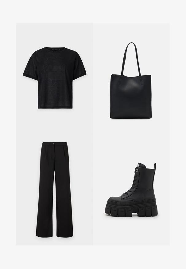 Melnas īsā piedurkņu T-kreklis ar brīvu piegriezumu, ar gludu tekstūru un apaļu kakla izgriezumu. Viegls audums ar smalku spīdumu.; Melni augstais viduklis plašie bikses ar priekšējo pogu un rāvējslēdzēju, ar nelieliem krokām zem jostasvietas.; Buffalo GOSPHER LACE UP MID - Šņorējami puszābaki - black; Melnas ādas somiņa ar gludu tekstūru, taisnstūra formu un divām garām rokturiem. Nav redzamu aparatūras vai rotājumu.