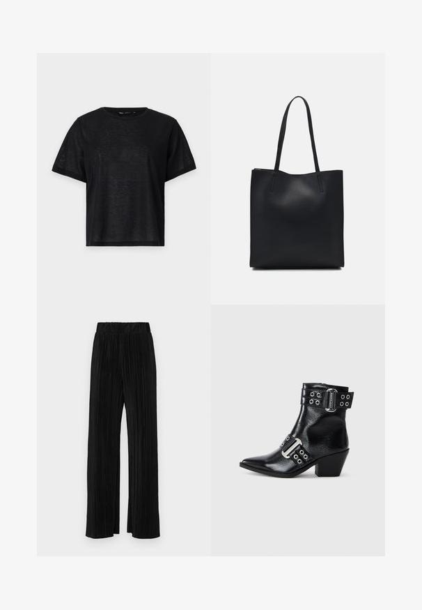 Black short-sleeve t-shirt with a relaxed fit, featuring a smooth texture and a crew neckline. Lightweight fabric with a subtle sheen.; Black pleated trousers with an elastic waistband. Features wide legs and a smooth, textured fabric with vertical stripes.; Black leather ankle boot with pointed toe, silver buckle accents, and two straps with grommets. Low block heel for added stability.; Black leather tote bag with smooth texture, rectangular shape, and two long handles. No visible hardware or embellishments.