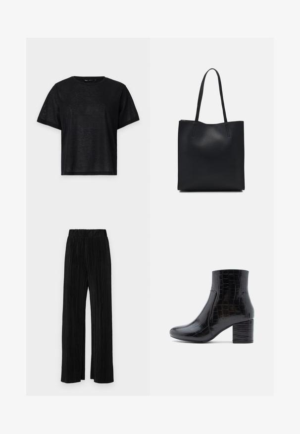 T-shirt preto de manga curta com um corte descontraído, apresentando uma textura suave e um decote redondo. Tecido leve com um brilho subtil.; Calças pregueadas pretas com uma cintura elástica. Apresentam pernas largas e um tecido liso, texturizado com riscas verticais.; Bota de cano curto preta feita de couro brilhante com relevo de crocodilo. Apresenta biqueira arredondada e salto bloco robusto. Textura lisa e design elegante.; Bolsa tote preta em couro com textura lisa, forma retangular e duas alças longas. Sem hardware ou enfeites visíveis.