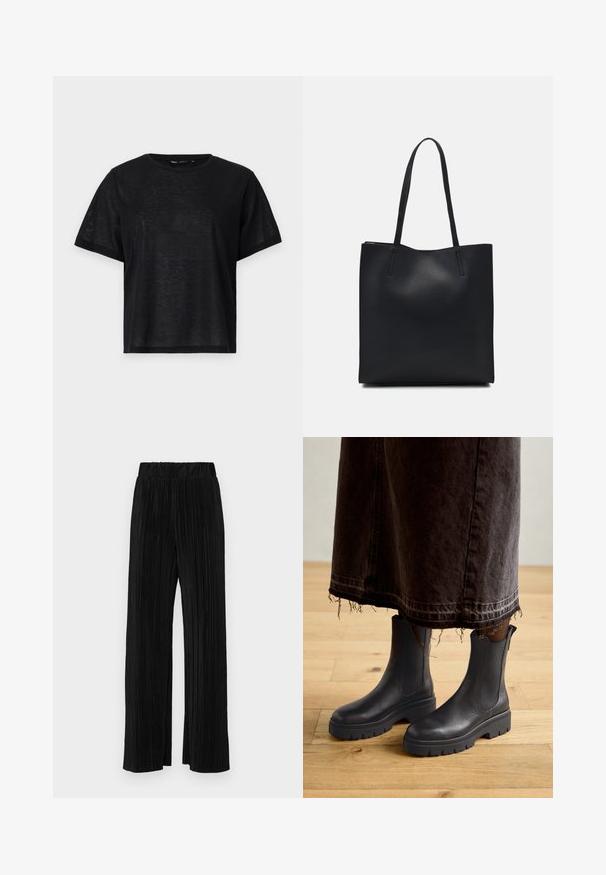 T-shirt preto de manga curta com um corte descontraído, apresentando uma textura suave e um decote redondo. Tecido leve com um brilho subtil.; Calças pregueadas pretas com uma cintura elástica. Apresentam pernas largas e um tecido liso, texturizado com riscas verticais.; Botas de tornozelo em couro preto com painéis laterais elásticos, uma sola de borracha robusta e bico arredondado, combinadas com uma saia de ganga escura e desfiada.; Bolsa tote preta em couro com textura lisa, forma retangular e duas alças longas. Sem hardware ou enfeites visíveis.