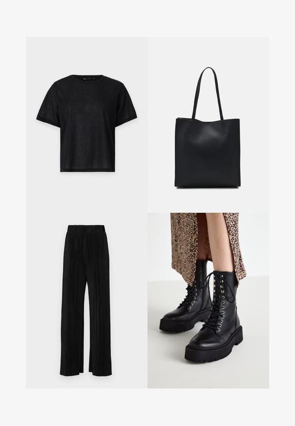 Tricou negru cu mânecă scurtă, cu o croială lejeră, având o textură netedă și un decolteu rotund. Material ușor cu un luciu subtil.; Pantaloni negri plisati cu talie elastică. Prezintă picioare largi și un material neted, texturat, cu dungi verticale.; Bocanci de luptă din piele neagră, cu tălpi groase din cauciuc, cu șireturi în față și găici metalice. Piele texturată și design cu platformă contrastantă.; Geantă tote neagră din piele, cu textură netedă, formă rectangulară și două mânere lungi. Fără hardware vizibil sau ornamente.