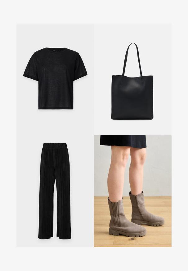 Tricou negru cu mânecă scurtă, cu o croială lejeră, având o textură netedă și un decolteu rotund. Material ușor cu un luciu subtil.; Pantaloni negri plisati cu talie elastică. Prezintă picioare largi și un material neted, texturat, cu dungi verticale.; Botine taupe la glezna cu o finisare din suede neted, dotate cu detalii de cusături verticale, un fermoar lateral și o talpă din cauciuc groasă.; Geantă tote neagră din piele, cu textură netedă, formă rectangulară și două mânere lungi. Fără hardware vizibil sau ornamente.