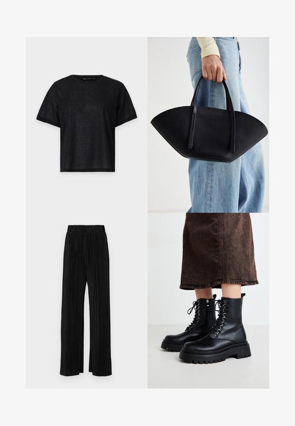 T-shirt noir à manches courtes avec une coupe décontractée, présentant une texture lisse et un col rond. Tissu léger avec un subtil éclat.; Pantalons plissés noirs avec une taille élastique. Présente des jambes larges et un tissu lisse texturé avec des rayures verticales.; Bottines en cuir noir avec une semelle épaisse, un laçage à l'avant et une fermeture éclair sur le côté. Comprend des œillets en argent et une texture lisse.; Sac à main en cuir noir avec une forme de éventail unique, doté de poignées plates. La surface présente une texture granuleuse et un design minimaliste.