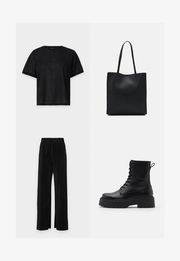 T-shirt preto de manga curta com um corte descontraído, apresentando uma textura suave e um decote redondo. Tecido leve com um brilho subtil.; Calças pregueadas pretas com uma cintura elástica. Apresentam pernas largas e um tecido liso, texturizado com riscas verticais.; Botas de couro pretas até ao tornozelo, com bico redondo, atacador na frente e uma sola de borracha espessa com um padrão texturizado. Alça na parte de trás.; Bolsa tote preta em couro com textura lisa, forma retangular e duas alças longas. Sem hardware ou enfeites visíveis.
