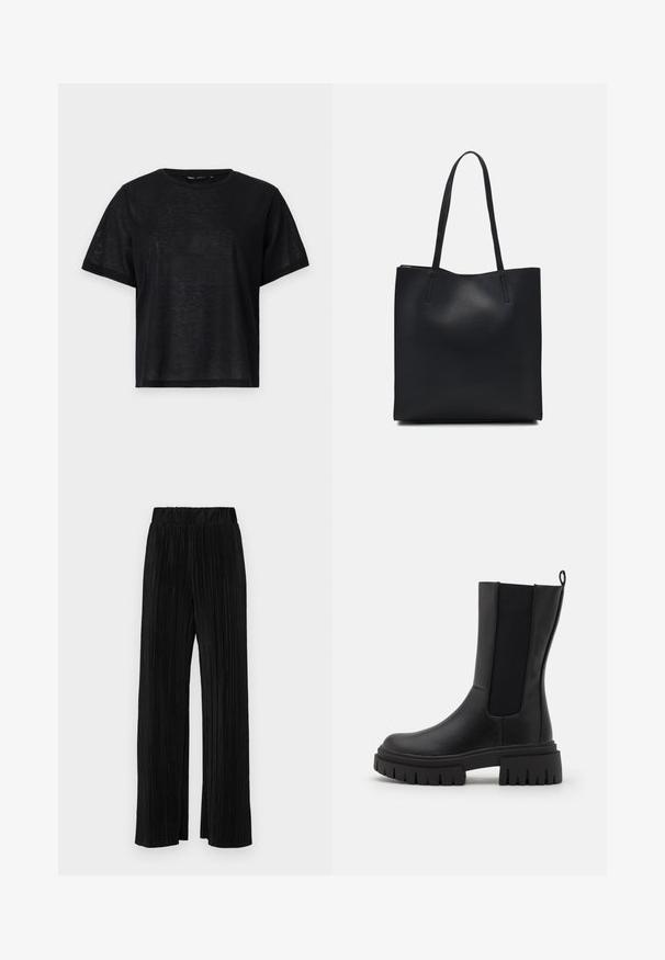 T-shirt noir à manches courtes avec une coupe décontractée, présentant une texture lisse et un col rond. Tissu léger avec un subtil éclat.; Pantalons plissés noirs avec une taille élastique. Présente des jambes larges et un tissu lisse texturé avec des rayures verticales.; Bottine noire en cuir avec une finition texturée, panneaux latéraux élastiques et une semelle épaisse à stries pour une meilleure adhérence.; Sac fourre-tout en cuir noir avec une texture lisse, de forme rectangulaire et deux longues poignées. Pas de matériel ou d'ornementations visibles.