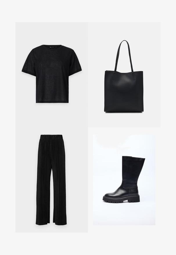 Fekete, rövid ujjú póló laza szabással, sima textúrával és kerek nyakkivágással. Könnyű anyag, finom fénylő hatással.; Fekete pliszírozott nadrág gumis derekkal. Széles lábakkal rendelkezik, sima, texturált anyagból készült, függőleges csíkokkal.; Fekete bőr, térdig érő csizma vastag talppal, sima textúrával, kerek orral és minimalista sziluettel tervezve.; Fekete bőrtáska sima felszínnel, téglalap alakú, két hosszú füllel. Nincs látható fémkiegészítő vagy díszítés.