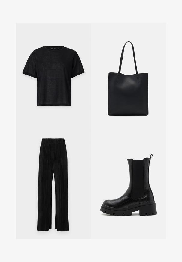 Tricou negru cu mânecă scurtă, cu o croială lejeră, având o textură netedă și un decolteu rotund. Material ușor cu un luciu subtil.; Pantaloni negri plisati cu talie elastică. Prezintă picioare largi și un material neted, texturat, cu dungi verticale.; Bocanci negri la gleznă cu un finisaj texturat embosat crocodil, panouri elastice pe laturi și o talpă masivă neagră pentru o aderență și stabilitate suplimentare.; Geantă tote neagră din piele, cu textură netedă, formă rectangulară și două mânere lungi. Fără hardware vizibil sau ornamente.