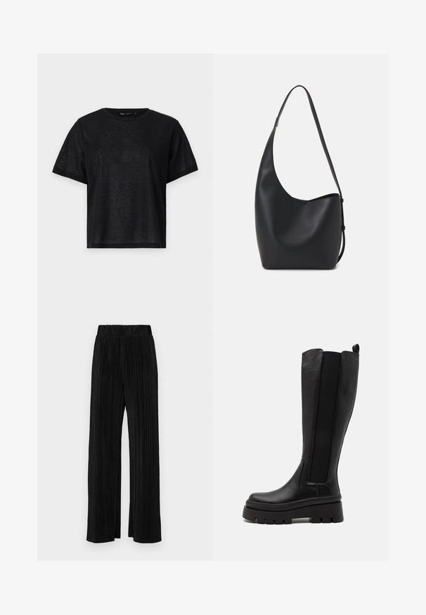 T-shirt nera a maniche corte con una vestibilità rilassata, caratterizzata da una texture liscia e un collo a giro. Tessuto leggero con una leggera lucentezza.; Pantaloni neri a plissé con vita elasticizzata. Presentano gamba ampia e un tessuto liscio e texture con strisce verticali.; Stivale nero al ginocchio realizzato in pelle liscia, con pannelli laterali elastici, suola platform spessa e texture scanalata sulla base.; Borsa hobo nera in pelle con una superficie liscia, forma curvata e una singola tracolla regolabile; presenta un'ampia apertura nella parte superiore.