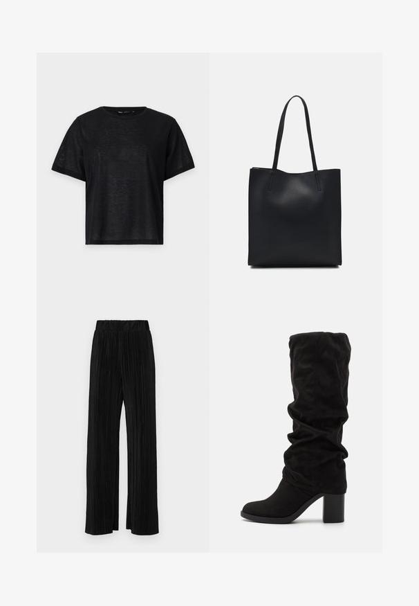 Black short-sleeve t-shirt with a relaxed fit, featuring a smooth texture and a crew neckline. Lightweight fabric with a subtle sheen.; Black pleated trousers with an elastic waistband. Features wide legs and a smooth, textured fabric with vertical stripes.; Anna Field Boots - black; Black leather tote bag with smooth texture, rectangular shape, and two long handles. No visible hardware or embellishments.