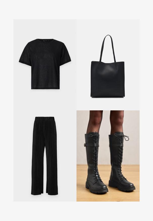 Melnas īsā piedurkņu T-kreklis ar brīvu piegriezumu, ar gludu tekstūru un apaļu kakla izgriezumu. Viegls audums ar smalku spīdumu.; Melni plīšu bikses ar elastīgu jostu. Tām ir platākas kājas un gluda, teksturēta auduma ar vertikālām svītrām.; Augsti melni ādas zābaki ar auklām, ar ceļa garuma dizainu, apaļu purngaliem, biezu faktūru zoli un dekoratīvo sānu siksnu un aparatūru.; Melnas ādas somiņa ar gludu tekstūru, taisnstūra formu un divām garām rokturiem. Nav redzamu aparatūras vai rotājumu.