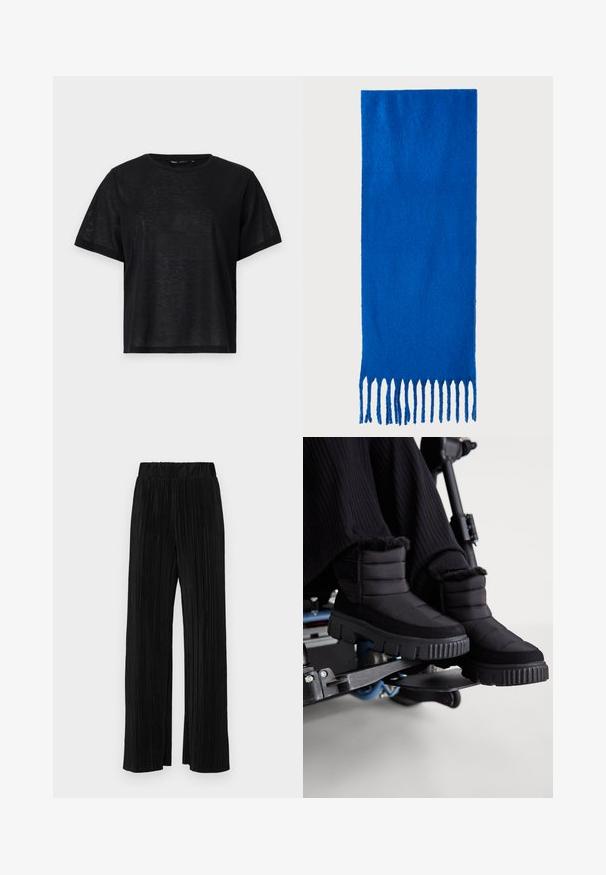 Zwart t-shirt met korte mouwen en een relaxte pasvorm, voorzien van een gladde textuur en een ronde hals. Lichtgewicht stof met een subtiele glans.; Zwarte geplooide broek met een elastische tailleband. Beschikt over wijde pijpen en een glad, gestructureerd stof met verticale strepen.; Zwarte waterdichte enkellaarsjes met een gequiltde textuur, zachte furry rand en een dikke, robuuste zool, op de achtergrond van een rolstoel.; Blauwe sjaal met franjes, gemaakt van zachte stof; heeft een effen kleur met een gestructureerd oppervlak en gelijkmatig gesneden franjes aan de onderkant.; Zwarte leren handtas met een gladde textuur, rechthoekige vorm en twee lange handvaten. Geen zichtbare hardware of versieringen.