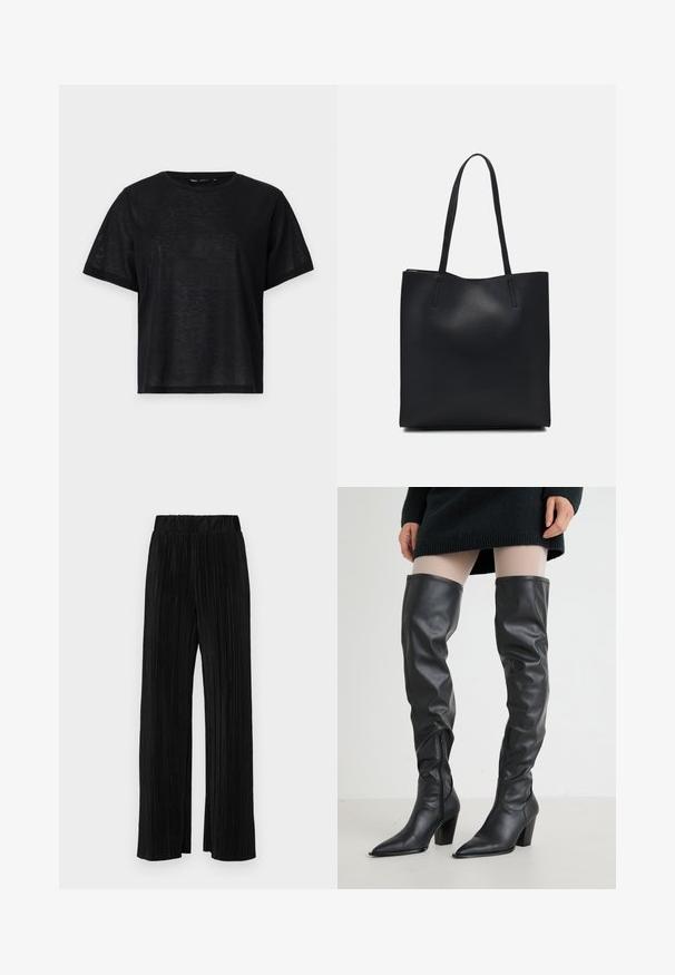 T-shirt preto de manga curta com um corte descontraído, apresentando uma textura suave e um decote redondo. Tecido leve com um brilho subtil.; Calças pregueadas pretas com uma cintura elástica. Apresentam pernas largas e um tecido liso, texturizado com riscas verticais.; Botas altas até a coxa, feitas de couro liso, com bico apontado e salto robusto. Detalhes com fecho lateral visíveis.; Bolsa tote preta em couro com textura lisa, forma retangular e duas alças longas. Sem hardware ou enfeites visíveis.