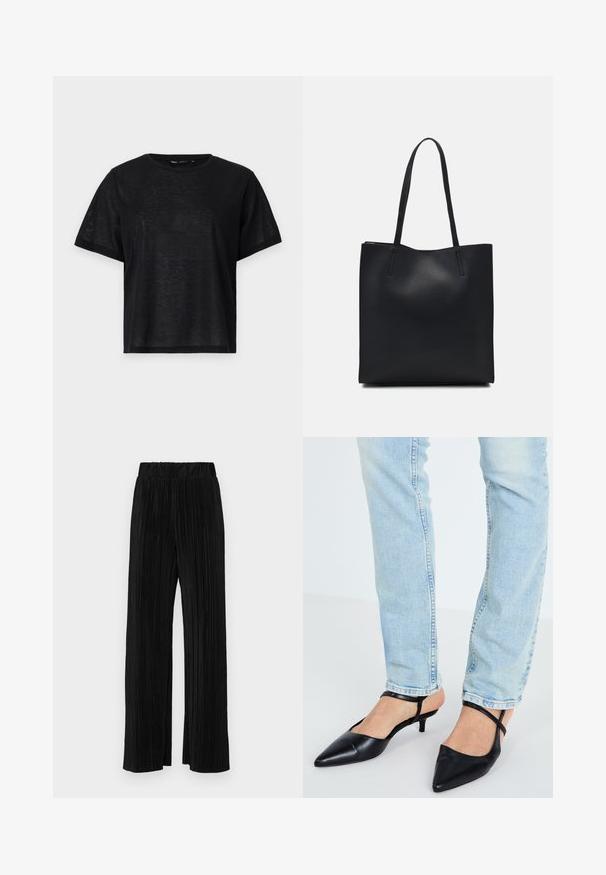 T-shirt preto de manga curta com um corte descontraído, apresentando uma textura suave e um decote redondo. Tecido leve com um brilho subtil.; Calças pregueadas pretas com uma cintura elástica. Apresentam pernas largas e um tecido liso, texturizado com riscas verticais.; Sapatos de salto slingback pretos em couro, com biqueira pontiaguda, salto baixo tipo kitten e tira em volta do tornozelo, combinados com jeans azul claro.; Bolsa tote preta em couro com textura lisa, forma retangular e duas alças longas. Sem hardware ou enfeites visíveis.